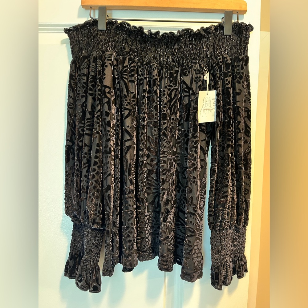 Altar'd State Black Off-Shoulder Velvet Burnout Top